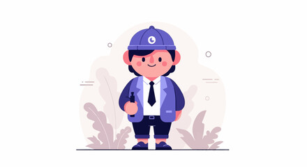 A cute, stylized person in a blue suit and cap, holding a vape pen