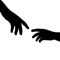 Obraz premium Two hands reaching each other silhouette. Creation of Adam inspired minimalist gesture. Concept of connection, help, and relationship. Black hand silhouette isolated on white background