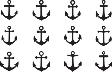 Twelve black anchor symbols arranged in a grid pattern on a white background nautical