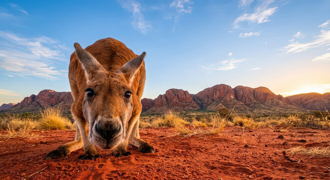 Face-&agrave;-face avec un kangourou dans le d&eacute;sert rouge australien.Regard curieux d'un marsupial au lever du soleil sur l'Outback.