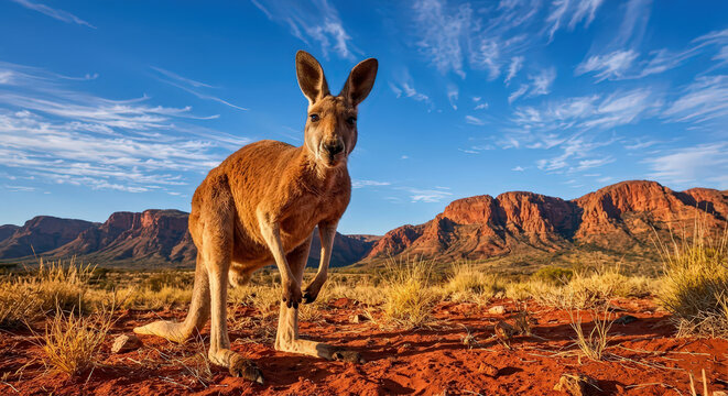 Face-&agrave;-face avec un kangourou dans le d&eacute;sert rouge australien.Regard curieux d'un marsupial au lever du soleil sur l'Outback.