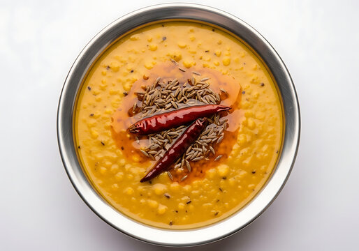 Traditional tadka dal yellow lentil curry with oil tempering cumin and whole red chili in stainless bowl.