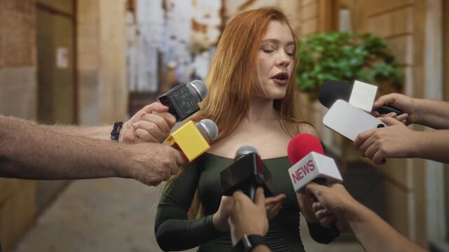 Redhead woman speaking to reporters, microphones thrust close, hands gesturing and phone recorders visible on a narrow street; confidence resilience.