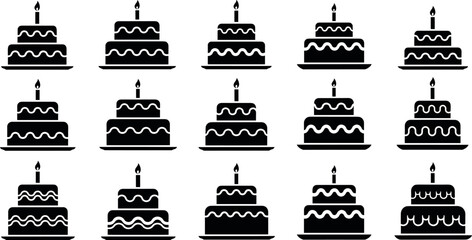 Birthday Cake Icon Set with Candle Celebration Dessert Symbols for Party Events, Anniversary Greetings, Bakery Products, and Festive Design © MSTSULTANA