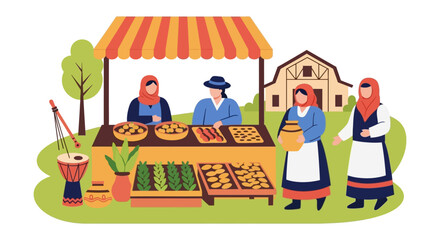 Fototapeta premium Traditional Rural Market Stall Vector. Vendors in Folk Attire Selling Produce, Food, and Handcrafts in a Countryside Setting.