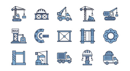 A diverse set of vector icons depicting construction machinery like cranes and trucks, along with industrial equipment and structural elements. © Rayi