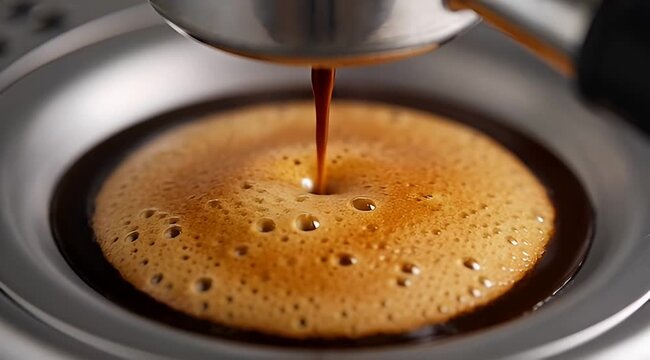 Closeup of espresso extraction with crema forming in a silver portafilter
