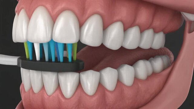A person brushing their white teeth with a colorful toothbrush in a close-up view