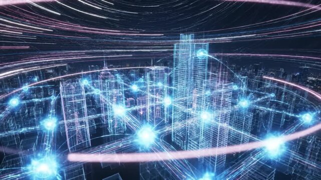 Neon network overlay city skyline night with glowing data nodes and light trails conveying futuristic connectivity and digital infrastructure energy. Futuristic city network visualization with