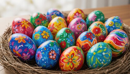 Fototapeta premium Assorted easter eggs beautifully painted in a delightful array of vibrant and eye catching colors 