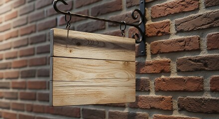 Wooden sign suspended from a decorative wrought iron bracket on a weathered brick wall