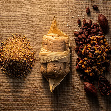 Fermented corn dough kenkey in husk, served with cocoa beans, peanut brittle, and millet grain.