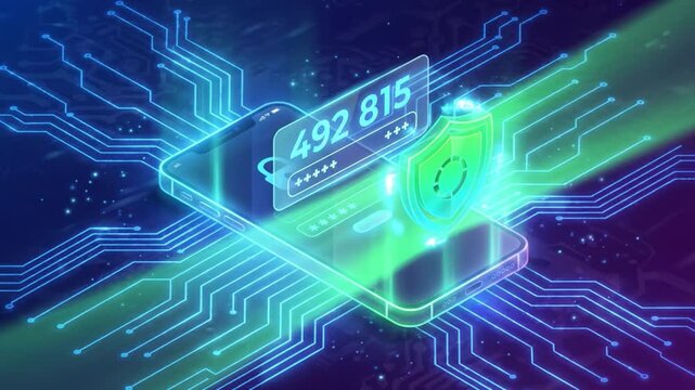 Two factor authentication smartphone numeric code shield circuitry digital protection one time passcode 492815 glowing display translucent security shield circuit background secure mobile access