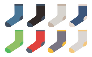 Colorful set of eight different socks, various designs and colors, isolated on white background