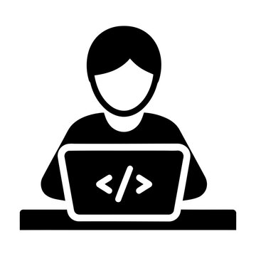 Programmer icon coding on a laptop for software development and technology concept, minimalist black and white vector illustration