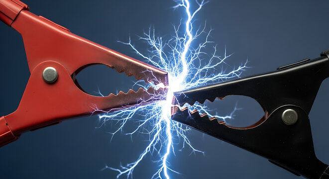 Close-up of two jumper cable clamps sparking electricity against a dark blue background
