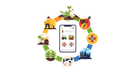 Fototapeta premium Digital Agriculture and Rural Economy App. Smartphone UI connecting farming, livestock, folk traditions, culture, and growth cycle.