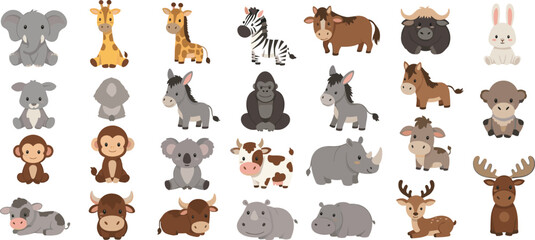 Cute safari and farm animals cartoon vector set with elephant, giraffe, zebra, cow, donkey, monkey, rhino, moose and rabbit characters for kids nursery design and educational illustrations © MdNipon