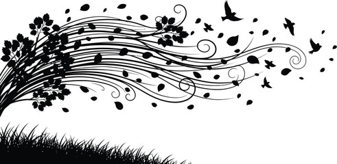 Stylized vector illustration depicting a tree losing its leaves in a windy autumn scene with birds flying, perfect for seasonal graphic design projects.