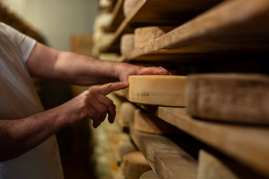 Cheesemaker affineur cheese aging cellar shelves wheels aging traditional craftsmanship expertise dairy production Italian selection quality control