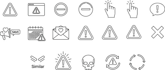 Fototapeta premium Warning and alert interface line icons vector set with caution triangles, error symbols, notification signs, skull danger icon and system warning indicators for UI design and security alerts