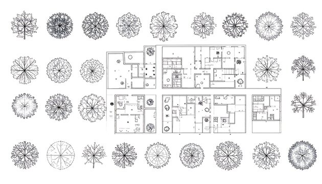 An architectural plan showing a floor layout in a detailed view, surrounded by different tree top views in a symmetrical layout