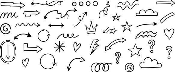 Naklejka premium Hand drawn doodle arrows and decorative symbols vector set with stars, hearts, crown, swirls and question marks, playful sketch elements for notes, social media graphics and creative design