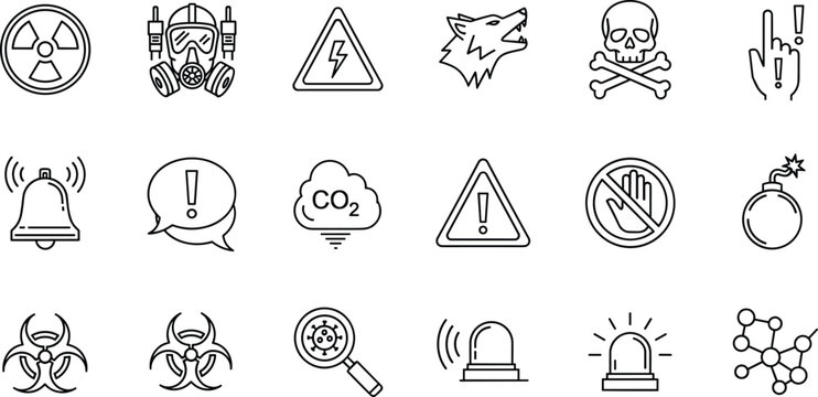 Danger and hazard warning line icons vector set with radiation symbol, biohazard, toxic gas mask, skull, alarm siren and safety warning signs for industrial risk and emergency alerts