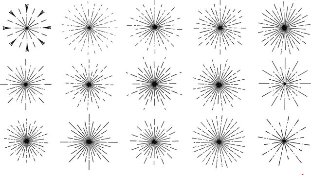Abstract starburst line icons vector set with radial sunburst shapes, vintage sparkle rays collection for retro badges, fireworks effects, decorative design elements and festive backgrounds