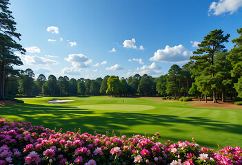 Obraz premium Golf course with pink flowers and trees under blue sky green grass