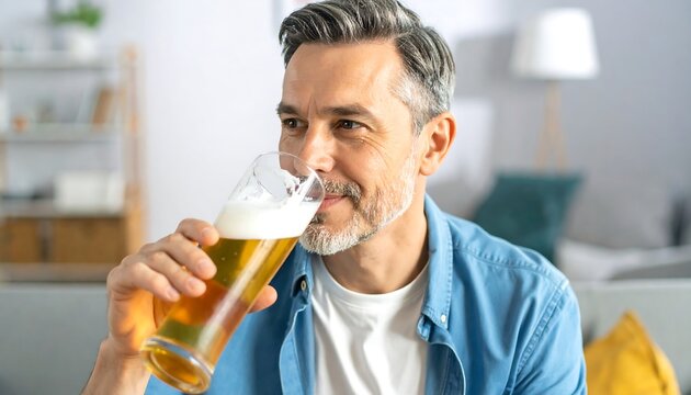 A mature man enjoying a refreshing glass of beer indoors, set in a bright, modern living room environment