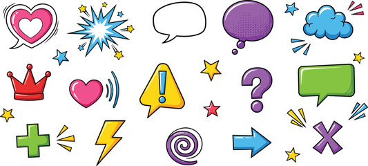 Colorful comic style doodle elements vector set with speech bubbles, hearts, crown, lightning bolt, arrows and symbols, playful pop art icons collection for stickers, social media and design © MdNipon