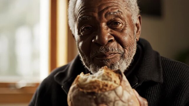 Elderly man holding a bread loaf with a happy expression