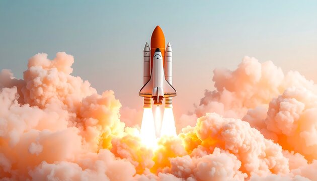 A rocket blasting off, surrounded by orange-pink smoke, against a light blue sky