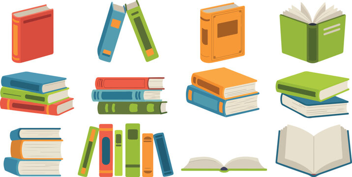 Colorful books and textbooks collection vector set with open and closed volumes for education, reading, and learning illustration