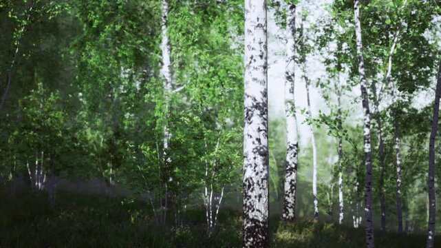 Late afternoon glow on birch trunks, warm golden light filtering through leaves, soft shadow patterns across grassy slope, cozy atmosphere suited for outdoor