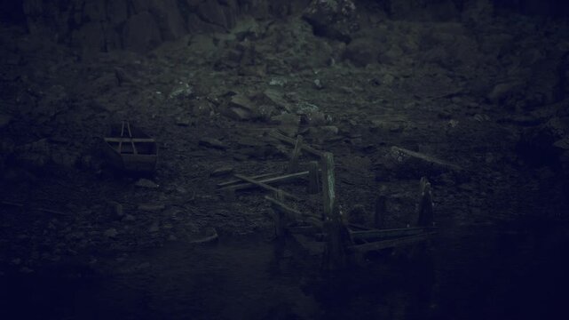 Overgrown marsh ruins by murky water, algaecovered shoreline with collapsed stone and rusted fragments, slow ripple across sediment, dusk gloom and peat