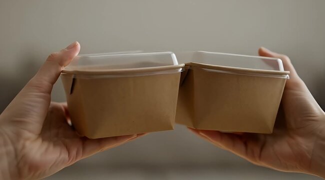 Two hands hold two identical rectangular paper takeout containers with plastic lids