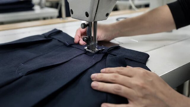 Medium shot of pleated front school uniform pants being carefully sewn on an industrial machine highlighting precision stitching for educational institution standards.