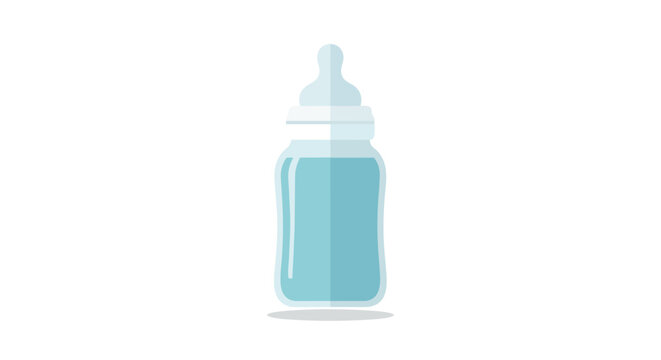 Baby feeding bottle with blue liquid and white nipple on white background