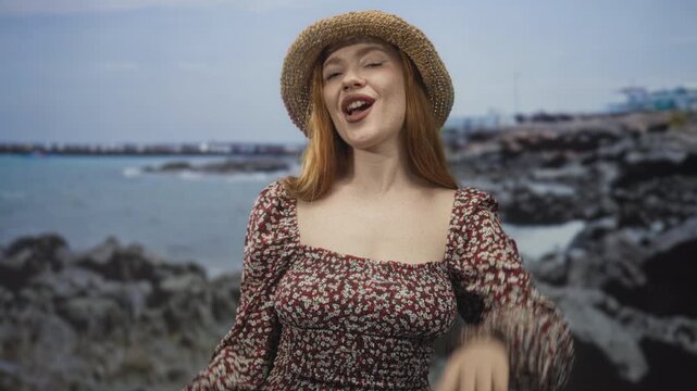 Woman waves hand and points finger while smiling and speaking to camera on a rocky beach wearing a straw hat and floral dress; joy travel greeting.