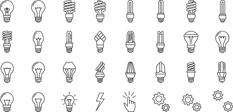 Light bulb and energy saving lamp icon set with LED, fluorescent, idea symbol, electricity, and lighting technology vector illustration