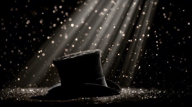 Detailed mystical depiction of a black tophat silhouette adorned with radiant white orbs evoking enchanting magic and vintage allure