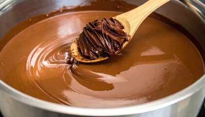 Melted chocolate being stirred in a stainless steel pot with a wooden spoon.