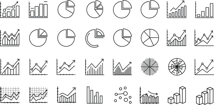 Business analytics and statistics chart icon set with pie charts, bar graphs, line graphs, data analysis and financial report vector illustration