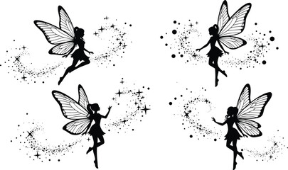 Beautiful fairy silhouette set with magic glitter dust, butterfly wings flying elf for fantasy design, enchanted sparkles, mystical celestial vector © MDMASIUR