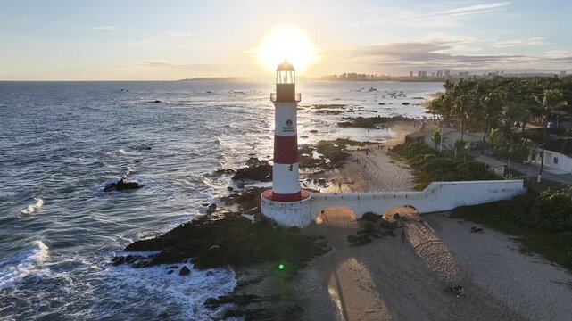Itapua Lighthouse At Salvador In Bahia Brazil. Sunrise Skyline. Beach Landscape. Itapua Lighthouse. Itapua Lighthouse In Salvador In Bahia Brazil. Nature Background.