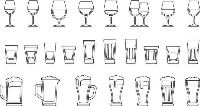 Alcohol drink glassware line icon set with wine glasses, whiskey tumblers, beer mugs and bar beverage glass vector illustration collection