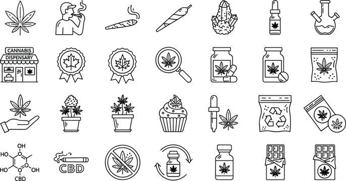 Cannabis and marijuana line icon set with hemp leaf, CBD oil, joint, dispensary products and medical cannabis vector illustration collection