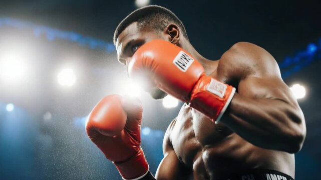 Muscular boxer in red gloves preparing for a match under bright lights